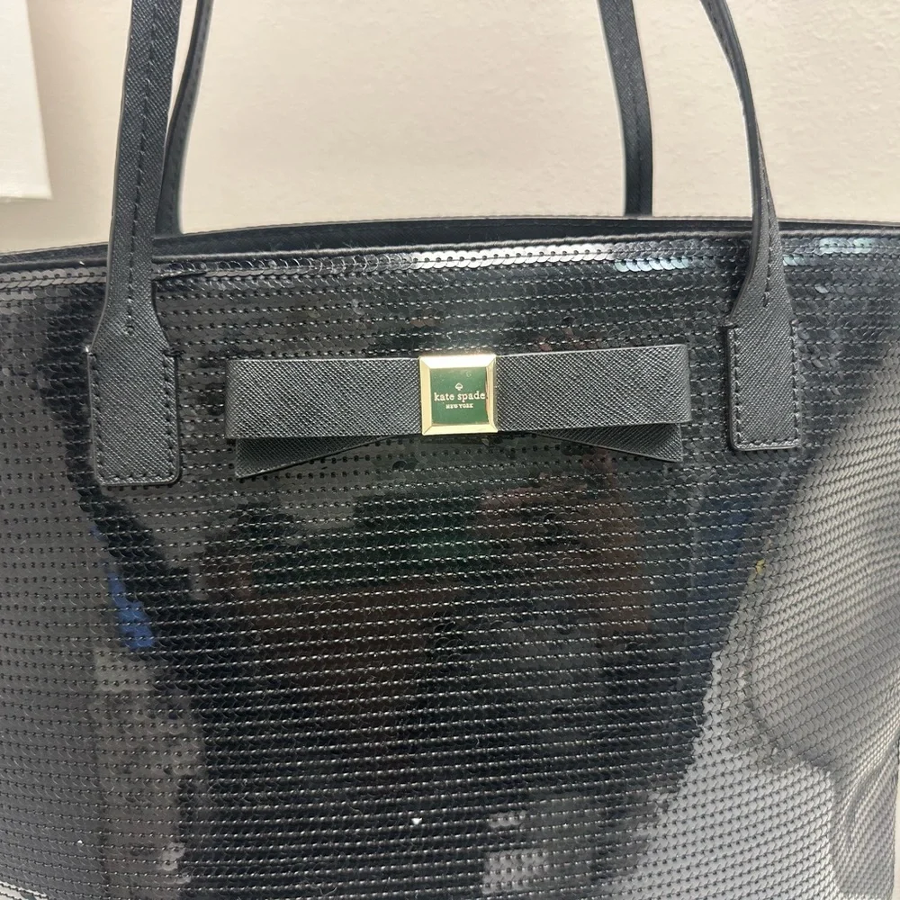 Kate Spade New York Black Sequin Salinas Bow Shopper Tote Handbag